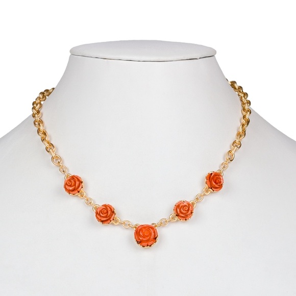 Necklace Gold-Tone Carved Rose Statement 17" + 3" extender Egyptian Gold, Pink - Picture 3 of 11